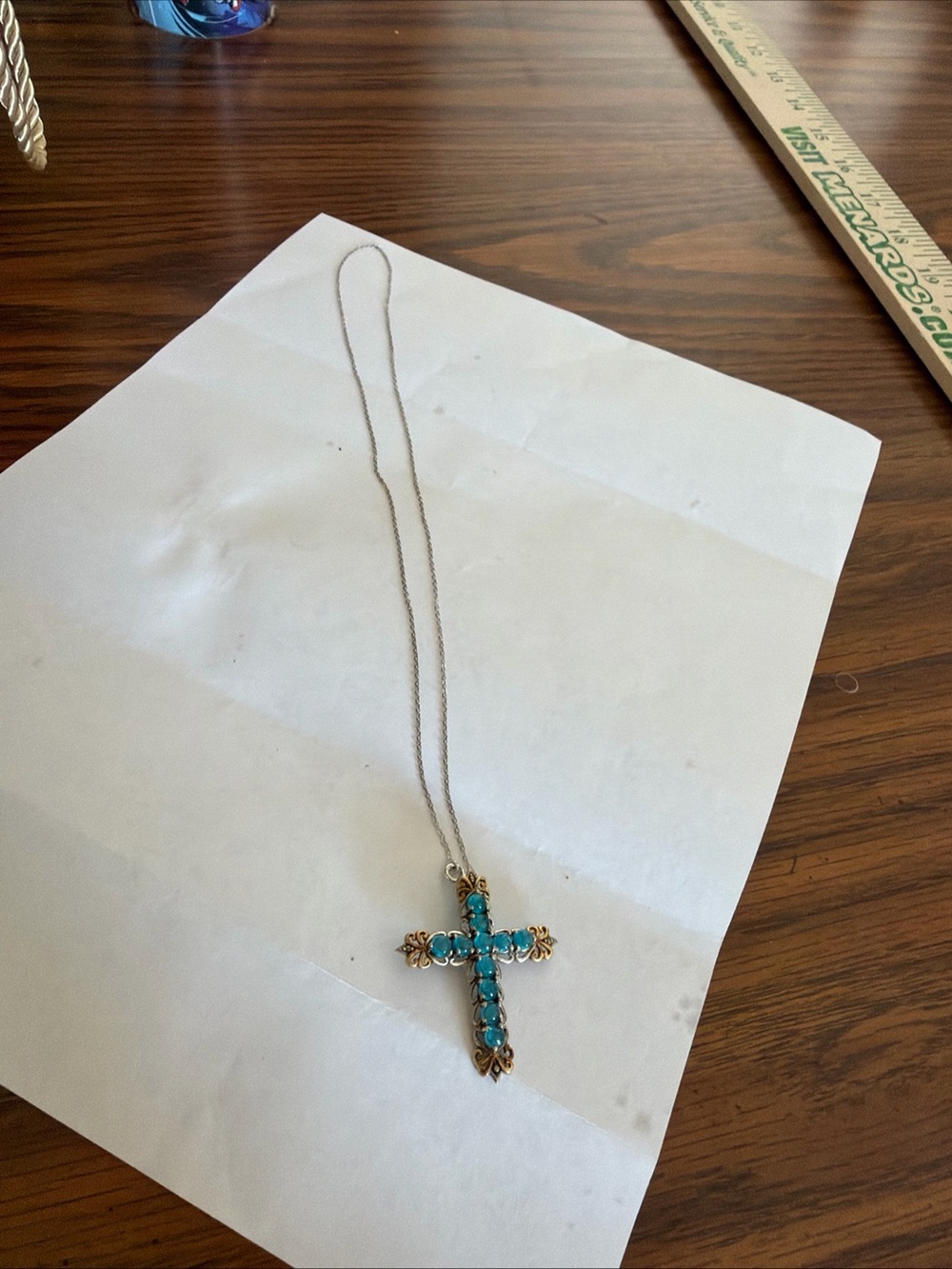 Gold-Tone Cross Pendant Necklace with Turquoise Stones
